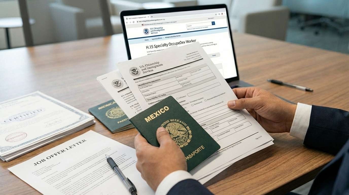 Proceso migratorio profesional para visa H-1B con documentos y revisión legal