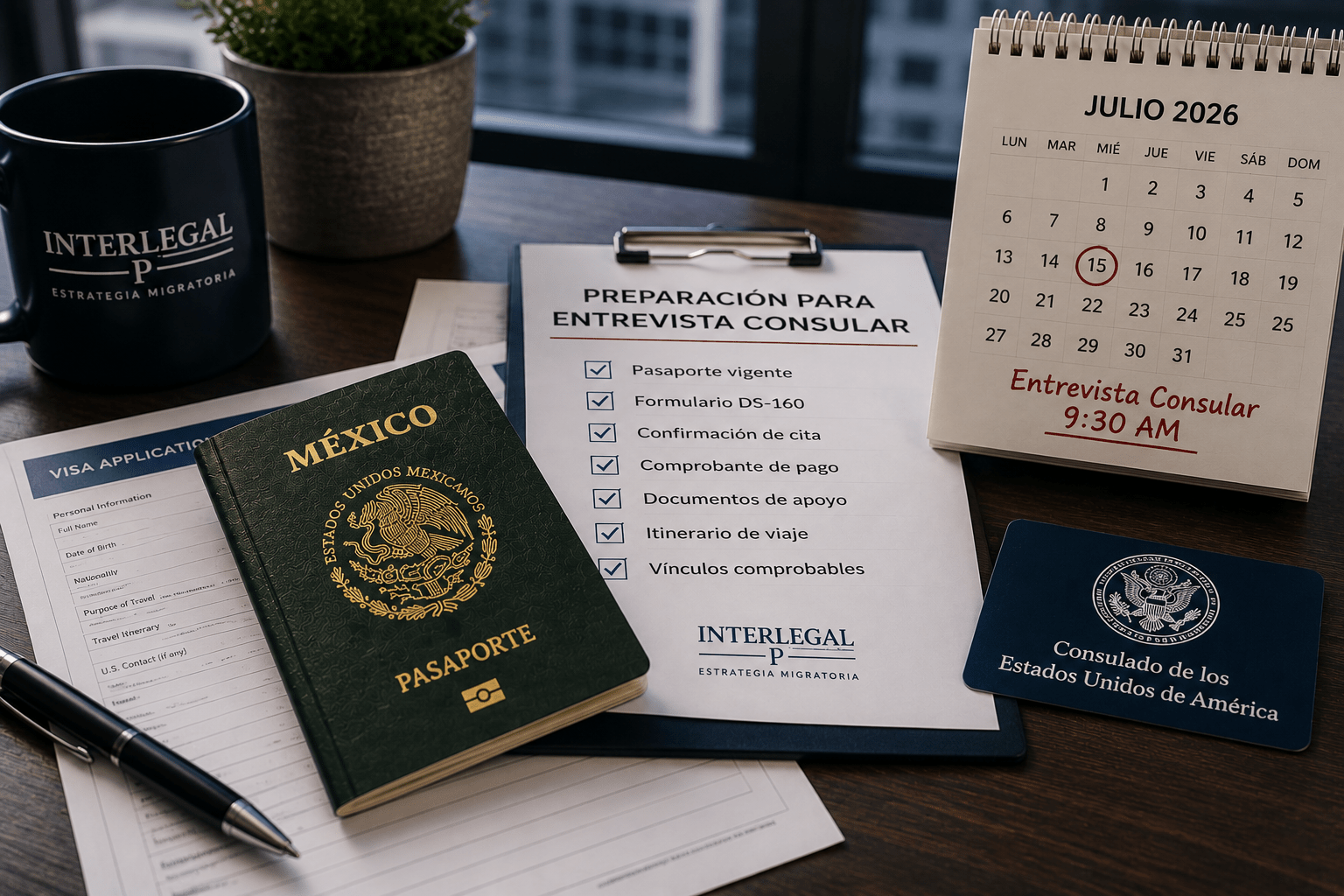 Pasaporte mexicano y documentos de visa estadounidense sobre escritorio con calendario de entrevista consular prioritaria