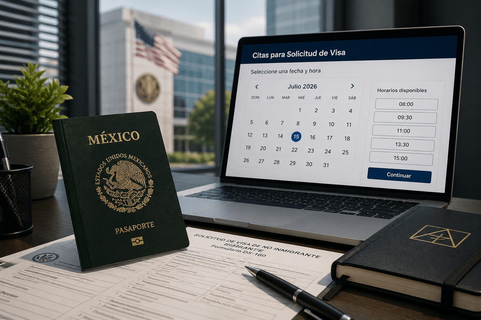 Pasaporte mexicano sobre documentos migratorios frente a una computadora que muestra un sistema de citas para visa estadounidense