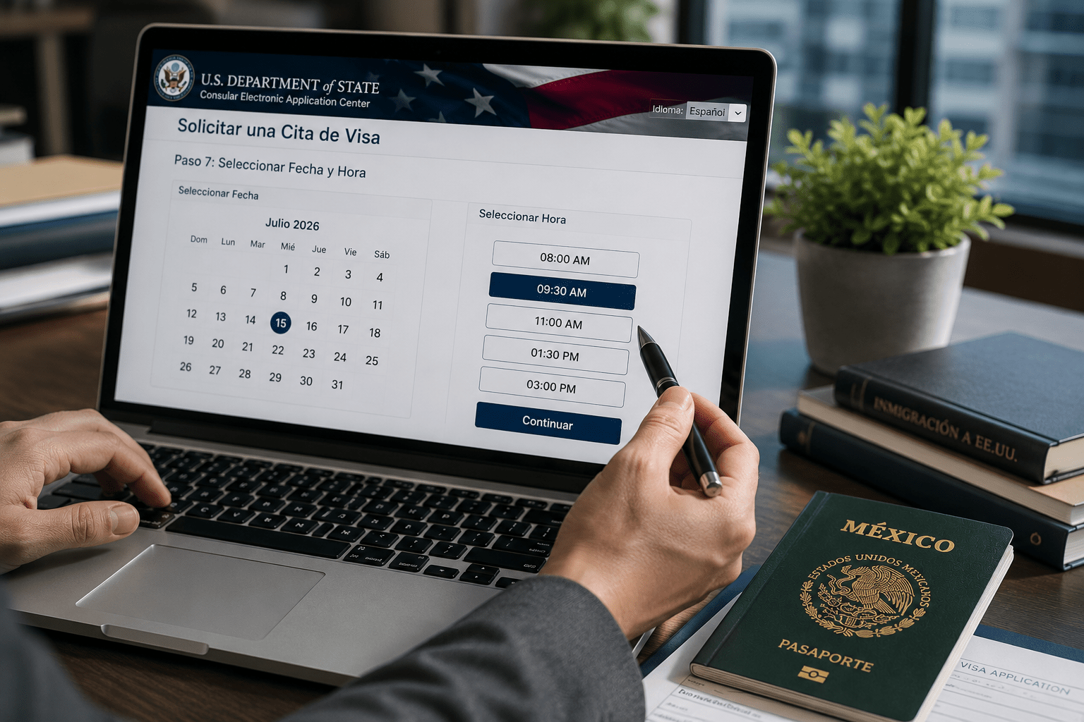 Solicitante revisando disponibilidad de citas para visa estadounidense en computadora portátil acompañado de pasaporte mexicano