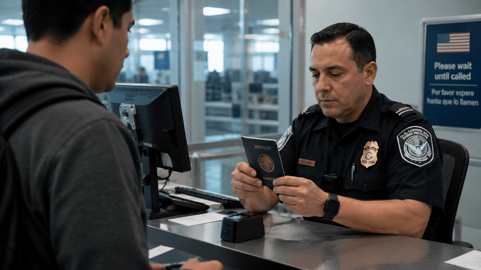 Autoridad migratoria verificando la identidad y el pasaporte de un viajero en un aeropuerto estadounidense