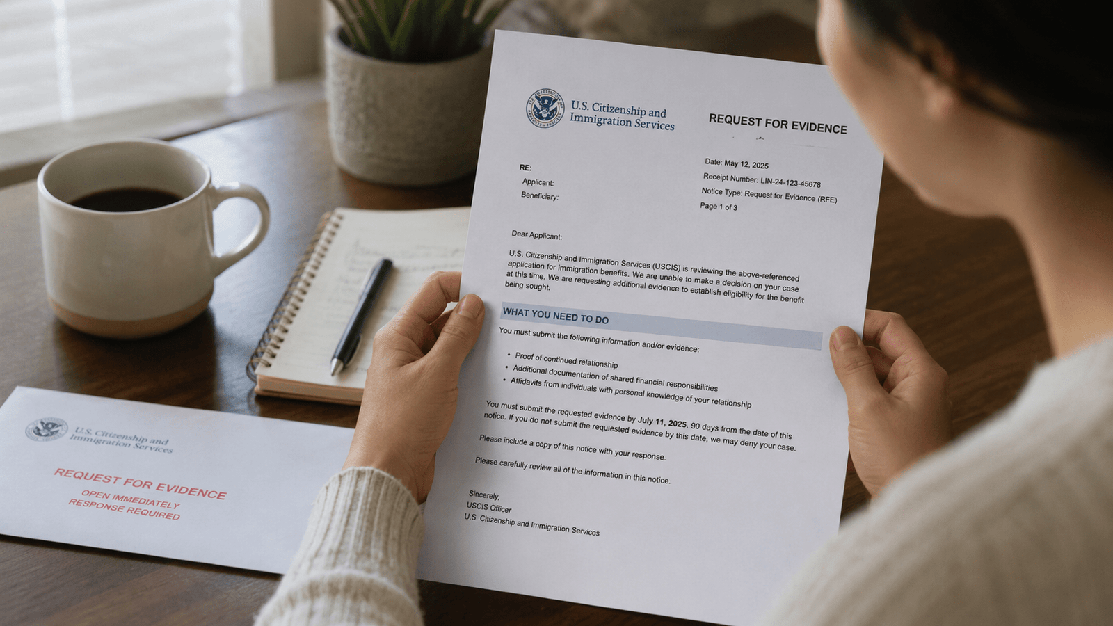 Persona revisando una solicitud de evidencia adicional enviada por USCIS relacionada con un trámite migratorio