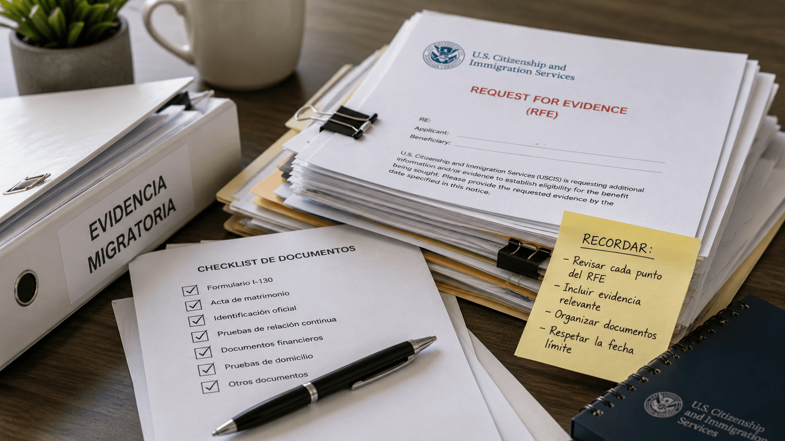 Documentos y formularios migratorios preparados para responder una solicitud de evidencia de USCIS
