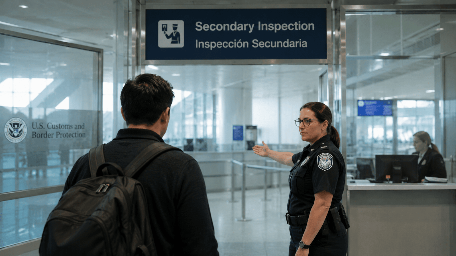 Viajero con pasaporte siendo dirigido a una revisión secundaria en un aeropuerto de Estados Unidos
