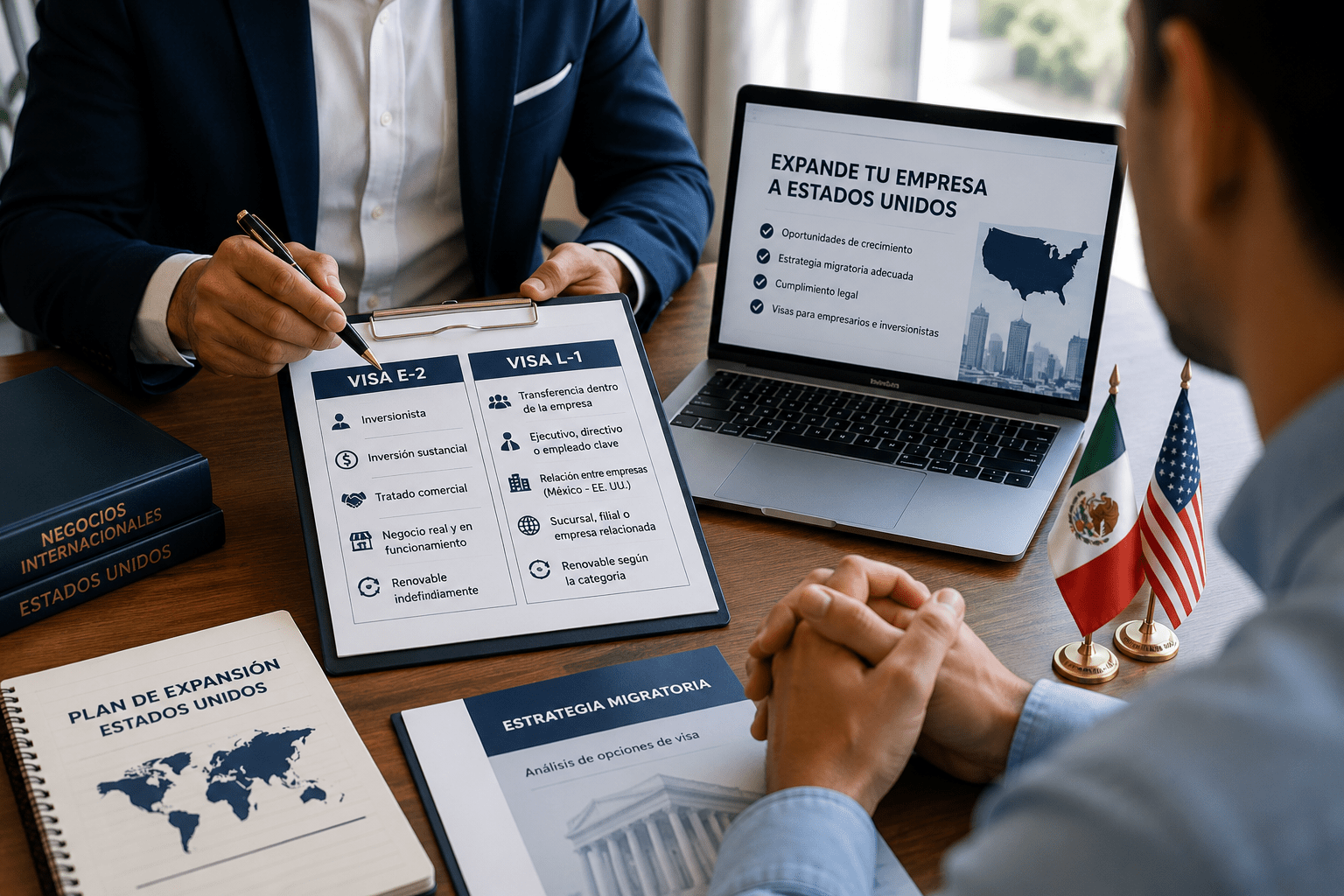 Empresario analizando las opciones de visa E-2 y L-1 para establecer operaciones en Estados Unidos