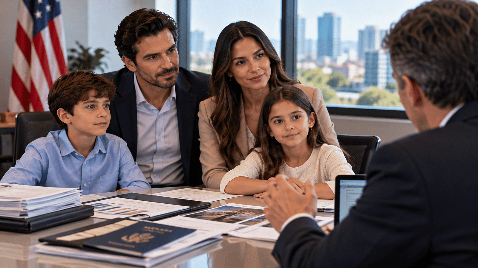 Familia inversionista revisando el proceso de residencia permanente mediante una visa EB-5