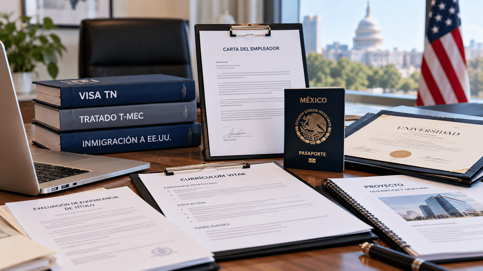 Documentos profesionales organizados para preparar una solicitud de visa TN