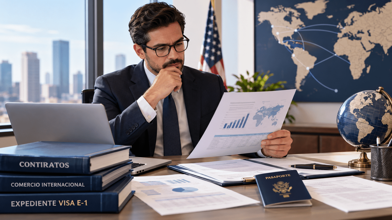 Empresario revisando la estructura comercial de su empresa para solicitar una visa E-1 en Estados Unidos