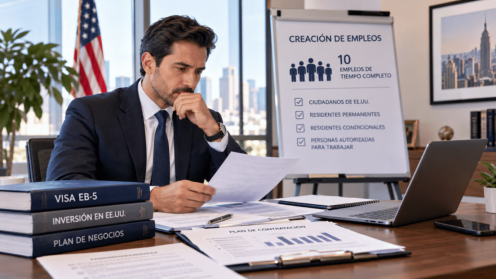 Inversionista analizando la creación de empleos requeridos para visa EB-5 en Estados Unidos
