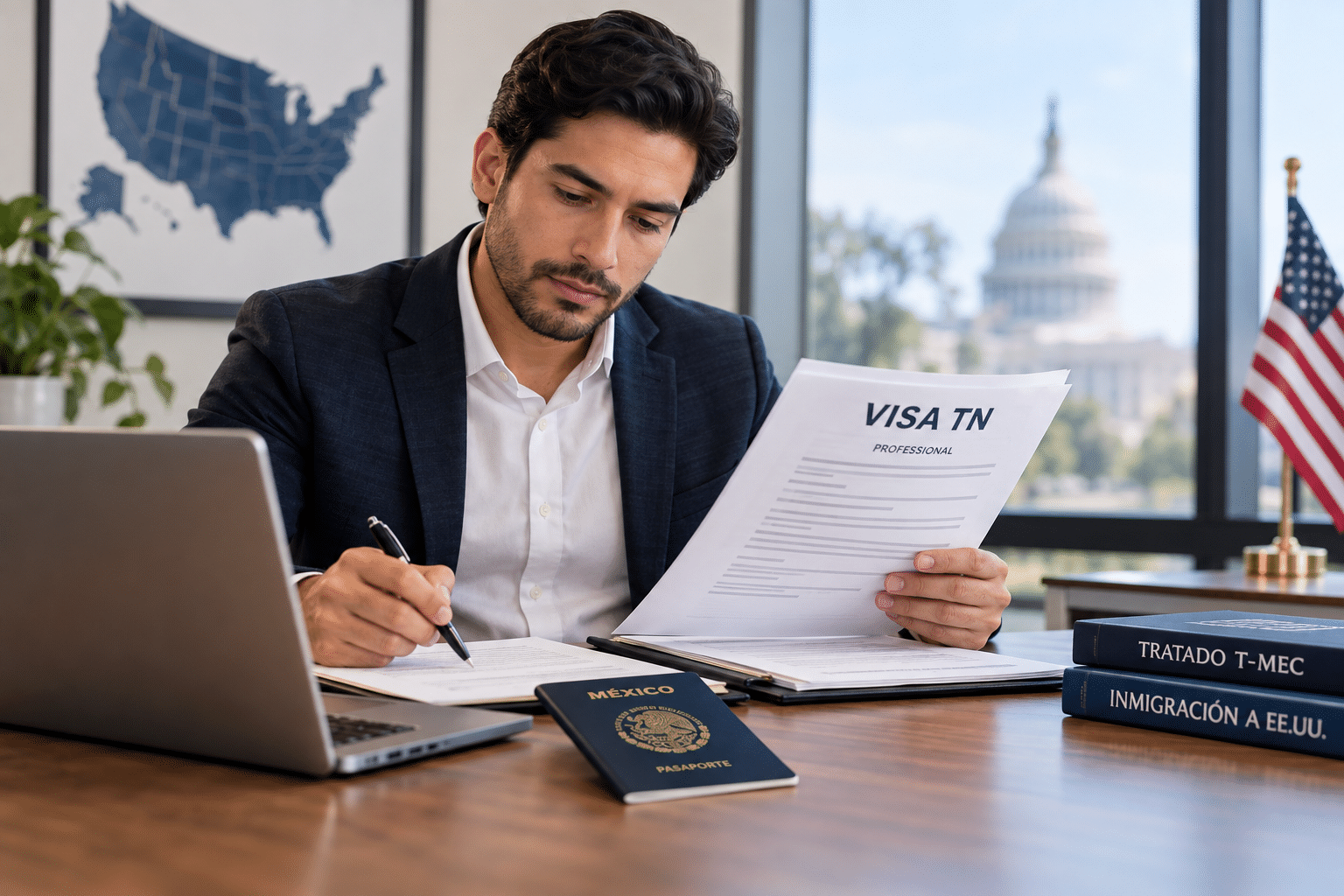 Profesional mexicano preparando una solicitud de visa TN para trabajar en Estados Unidos