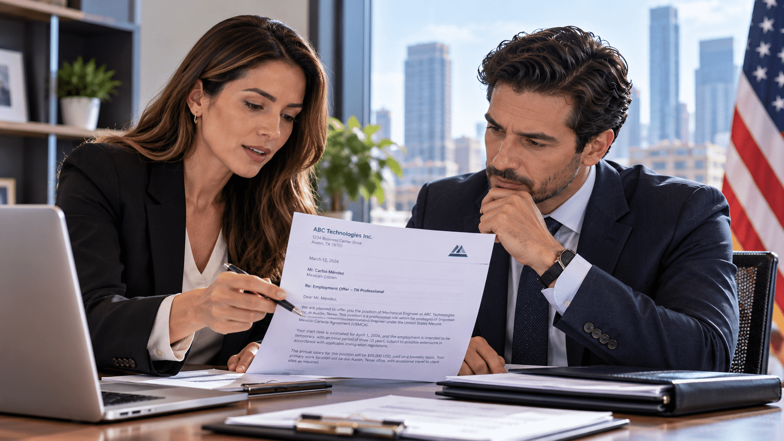 Profesional revisando una carta de empleador para solicitar una visa TN en Estados Unidos
