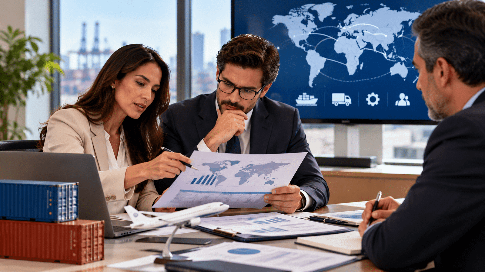 Familia empresarial revisando documentos para solicitudes derivadas de visa E-1